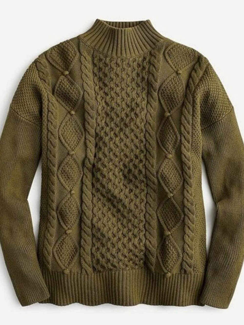 J. Crew Green Swingy Cable Knit Mock Neck Pullover Sweater